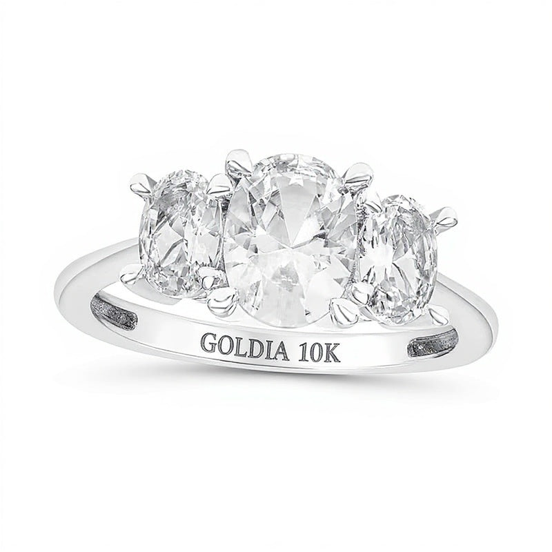 Oval White Lab-Created Sapphire Three Stone Engagement Ring in 10K White Gold