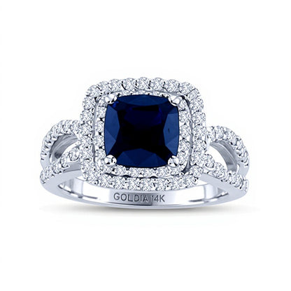 6.5mm Cushion-Cut Blue Sapphire and 0.75 CT. TW Diamond Frame Engagement Ring in 14K White Gold