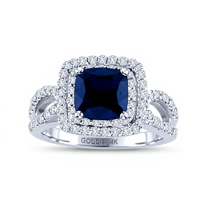 6.5mm Cushion-Cut Blue Sapphire and 0.75 CT. TW Diamond Frame Engagement Ring in 14K White Gold