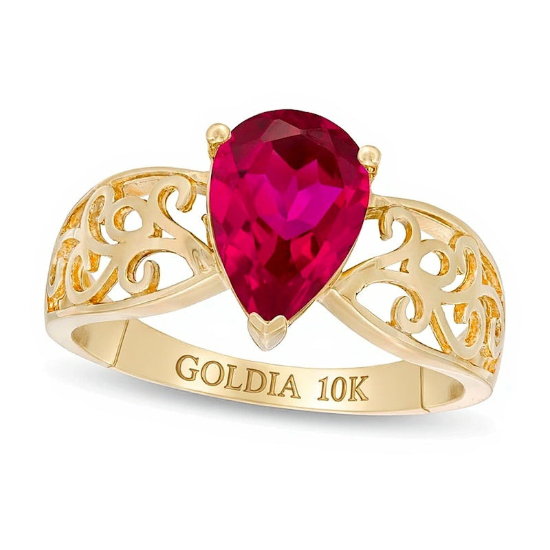 Pear-Shaped Lab-Created Ruby Wide Filigree Ring in 10K Gold