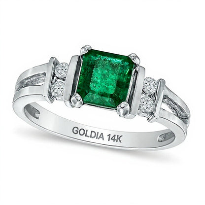 Emerald-Cut Emerald and 0.1 CT. TW Diamond Engagement Ring in 14K White Gold