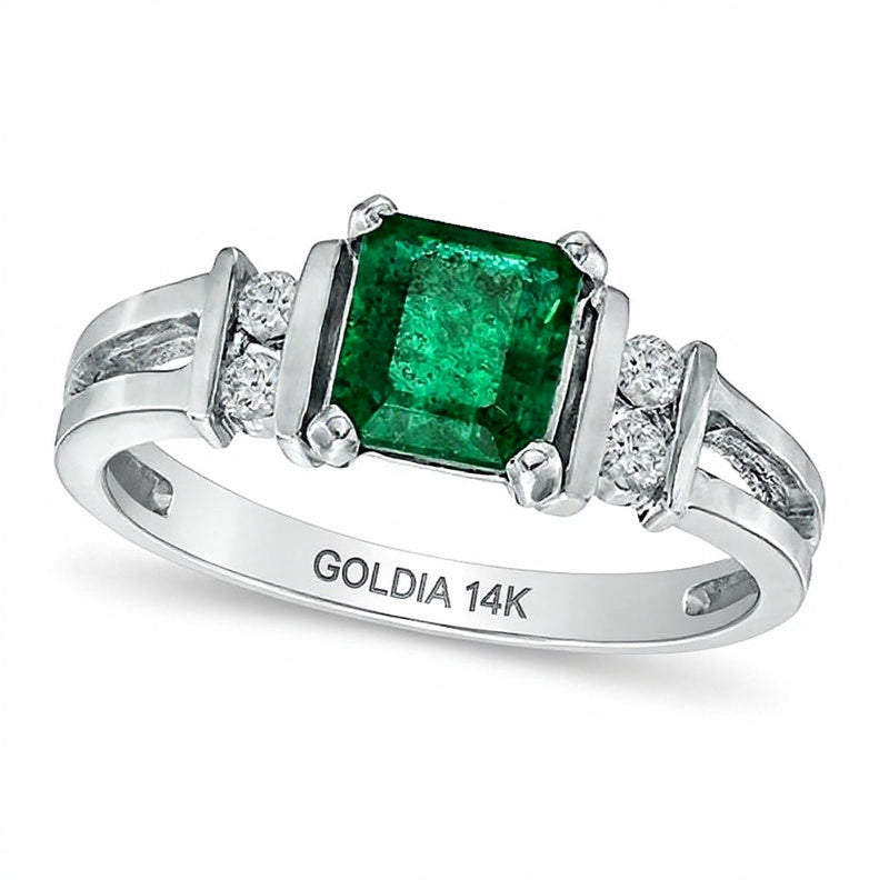 Emerald-Cut Emerald and 0.1 CT. TW Diamond Engagement Ring in 14K White Gold