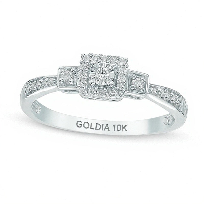 0.1 CT. TW Diamond Square Frame Three Stone Promise Ring in 10K White Gold