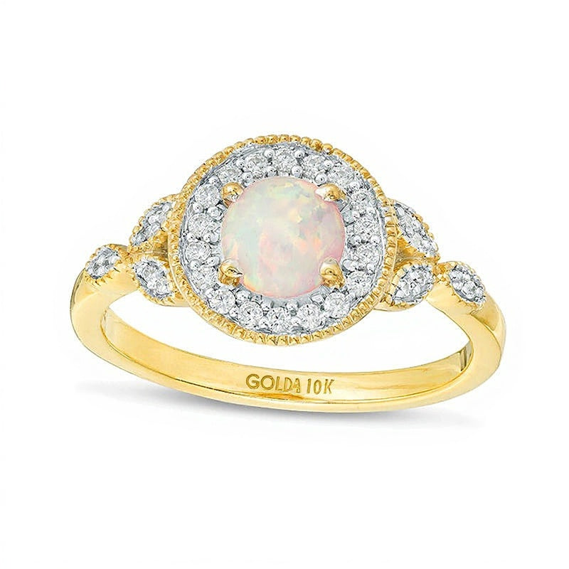 5.5mm Lab-Created Opal and 0.13 CT. TW Diamond Frame Vintage-Style Ring in 10K Gold