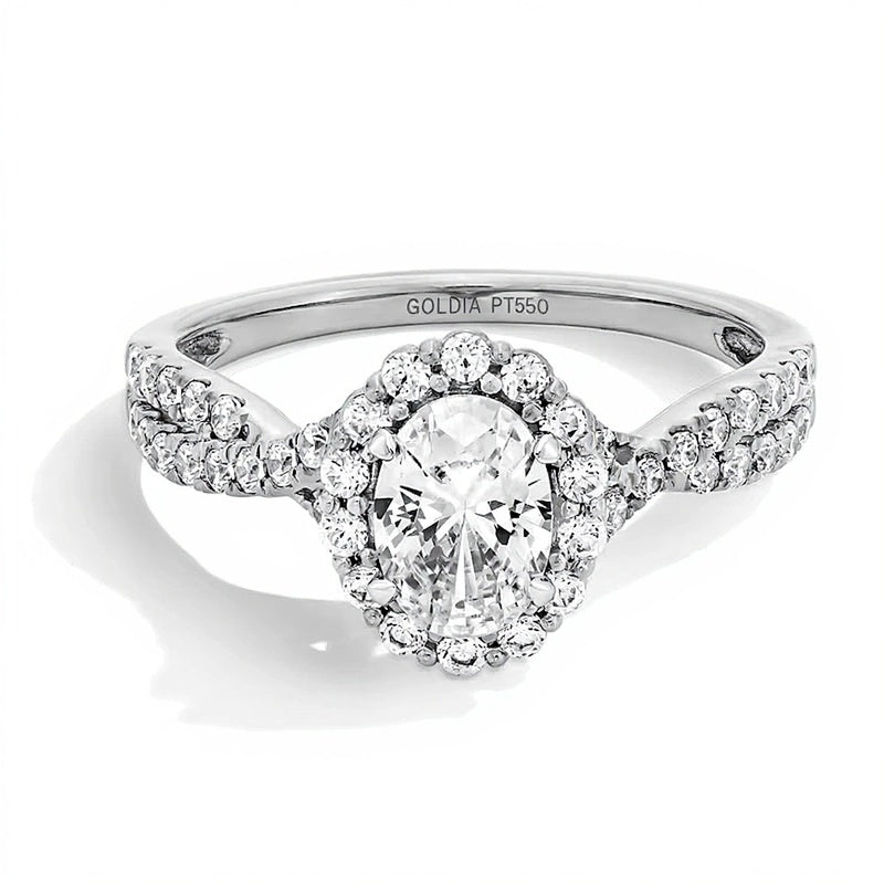 1.0 CT. TW Oval Lab-Grown Diamond Frame Engagement Ring with Crossover Shank in Platinum (F/SI2)