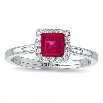 Princess-Cut Lab-Created Ruby and 0.14 CT. TW Diamond Engagement Ring in 10K White Gold