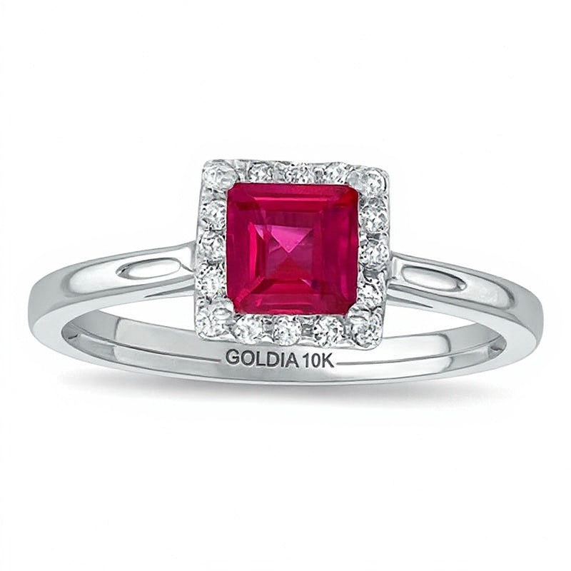 Princess-Cut Lab-Created Ruby and 0.14 CT. TW Diamond Engagement Ring in 10K White Gold