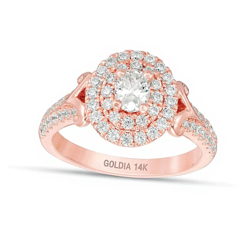 1.0 CT. TW Oval Diamond Double Frame V-Sides Engagement Ring in 14K Rose Gold