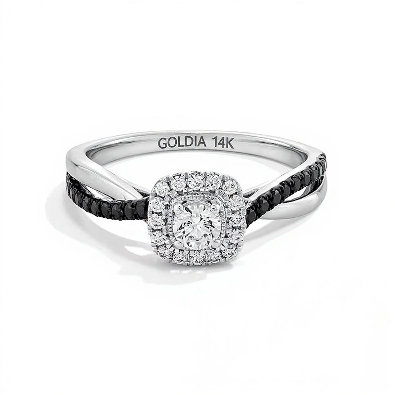 0.5 CT. TW Black and White Diamond Cushion Frame Crossover Shank Engagement Ring in 14K White Gold