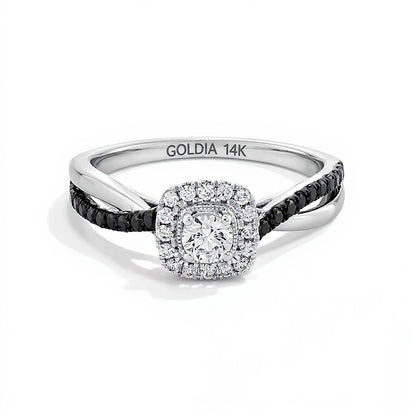 0.5 CT. TW Black and White Diamond Cushion Frame Crossover Shank Engagement Ring in 14K White Gold