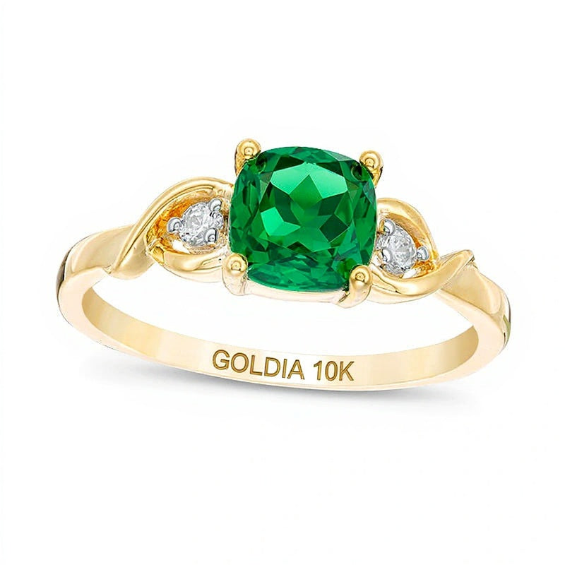 6.0mm Cushion-Cut Lab-Created Emerald and Diamond Accent Crossover Loop Promise Ring in 10K Gold
