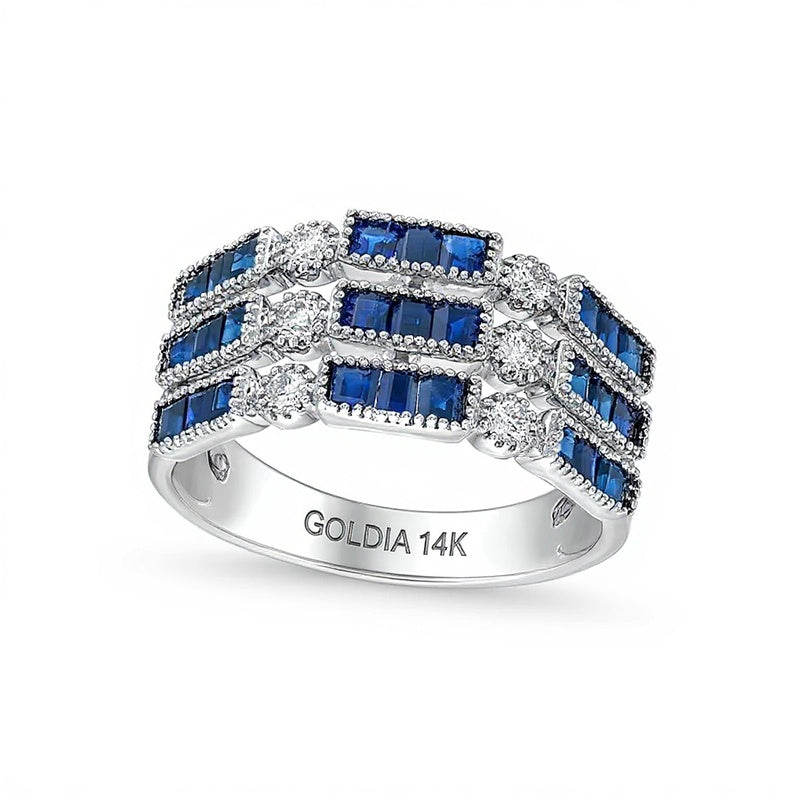 Baguette-Cut Blue Sapphire and 0.2 CT. TW Diamond Vintage-Style Stacked Triple Row Ring in 14K White Gold