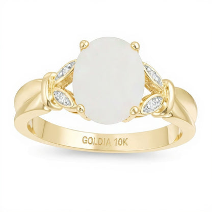 Oval Lab-Created Opal and Diamond Accent Leaf Split Shank Ring in 10K Gold