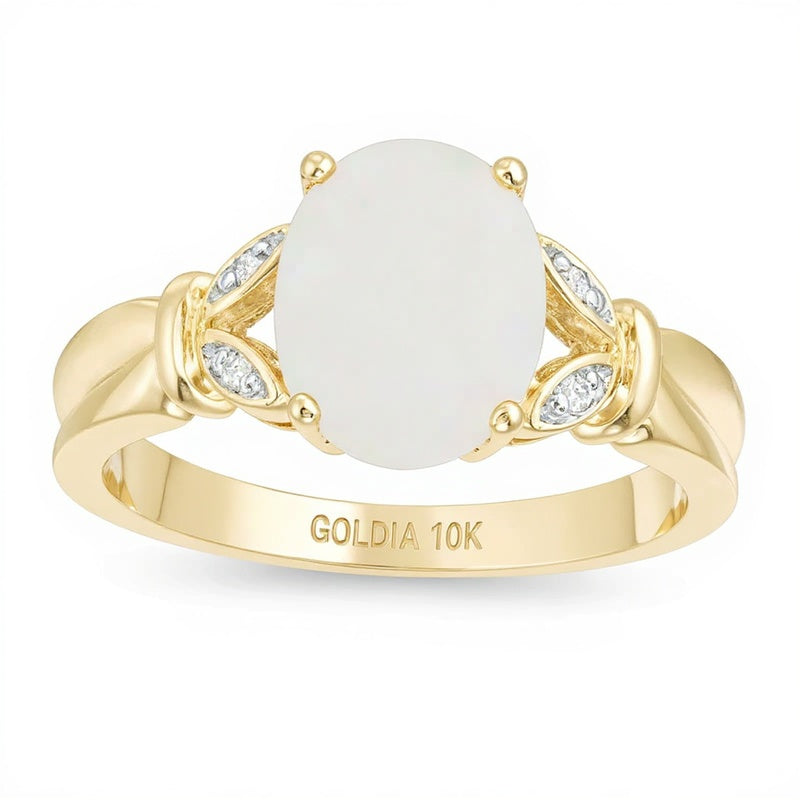 Oval Lab-Created Opal and Diamond Accent Leaf Split Shank Ring in 10K Gold