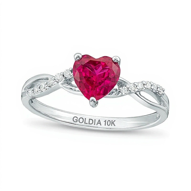 6.0mm Heart-Shaped Lab-Created Ruby and 0.05 CT. TW Diamond Twist Shank Ring in 10K White Gold