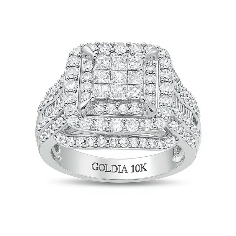 2.0 CT. TW Princess Multi-Diamond Cushion Frame Multi-Row Engagement Ring in 10K White Gold