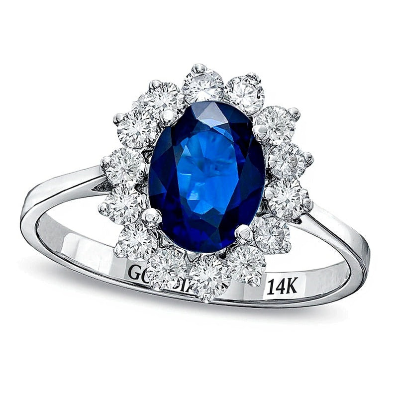 Oval Blue Sapphire and 0.38 CT. TW Diamond Shadow Frame Engagement Ring in 14K White Gold