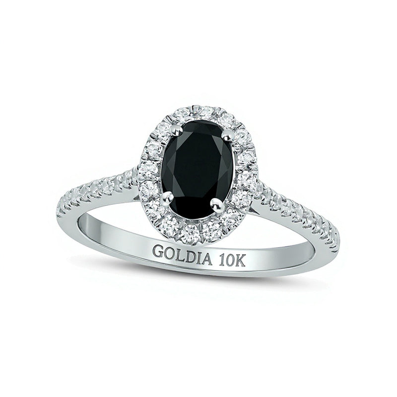Oval Black Sapphire and 0.33 CT. TW Diamond Frame Engagement Ring in 10K White Gold