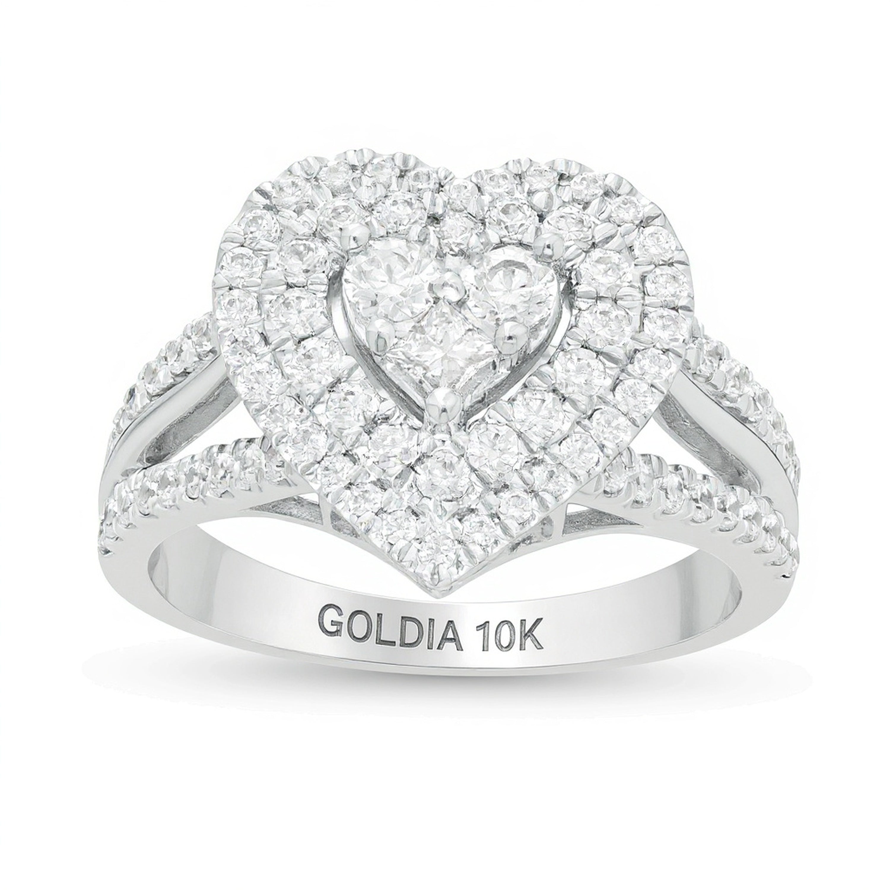 1.0 CT. TW Heart-Shaped Multi-Diamond Double Frame Split Shank Ring in 10K White Gold
