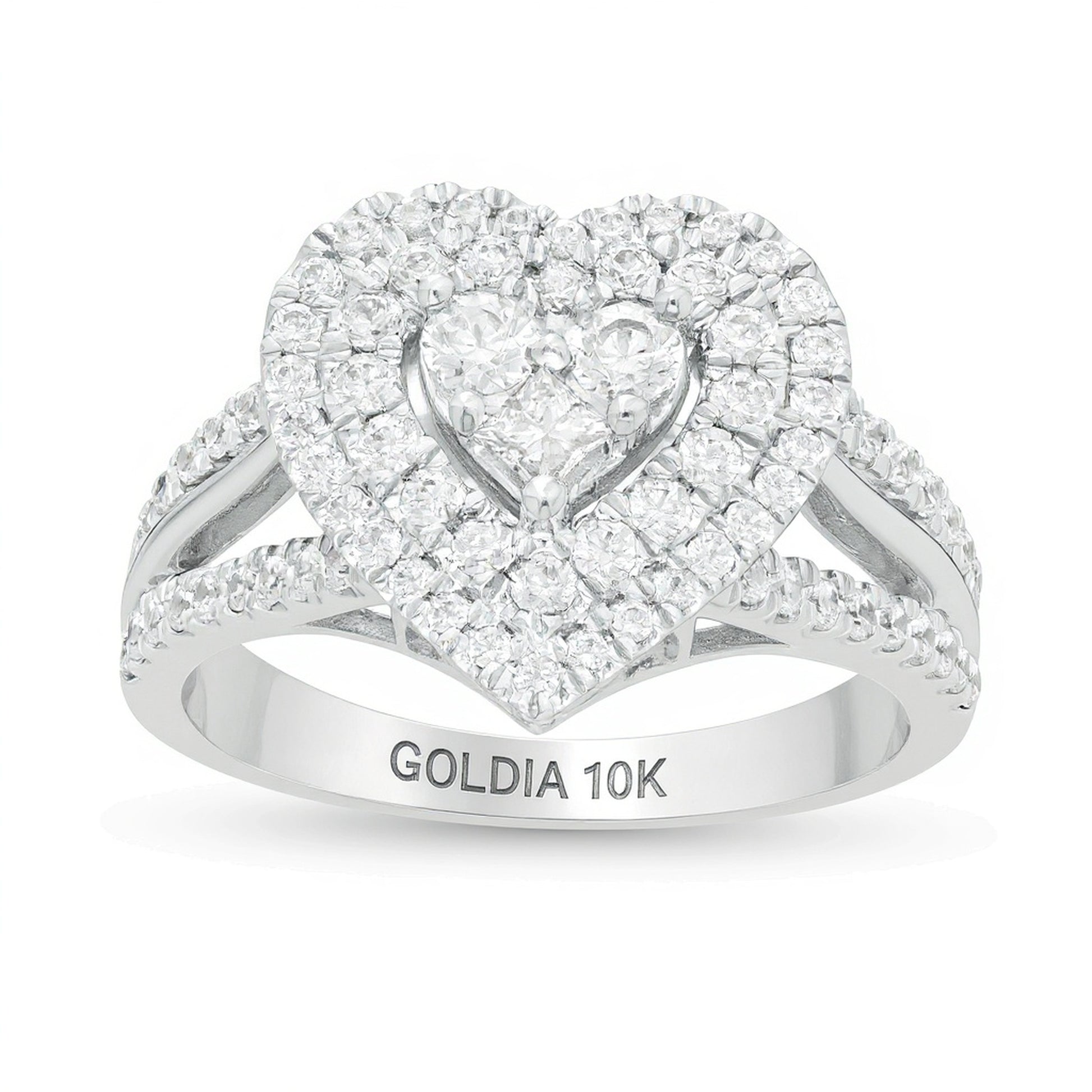 1.0 CT. TW Heart-Shaped Multi-Diamond Double Frame Split Shank Ring in 10K White Gold