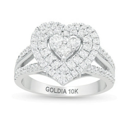 1.0 CT. TW Heart-Shaped Multi-Diamond Double Frame Split Shank Ring in 10K White Gold