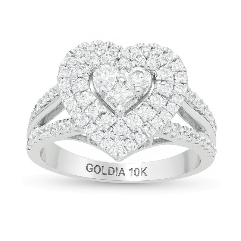 1.0 CT. TW Heart-Shaped Multi-Diamond Double Frame Split Shank Ring in 10K White Gold