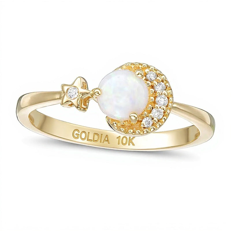 5.0mm Opal and Diamond Accent Crescent Moon and Star Ring in 10K Gold