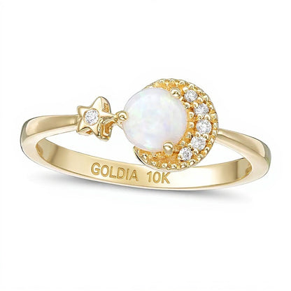 5.0mm Opal and Diamond Accent Crescent Moon and Star Ring in 10K Gold