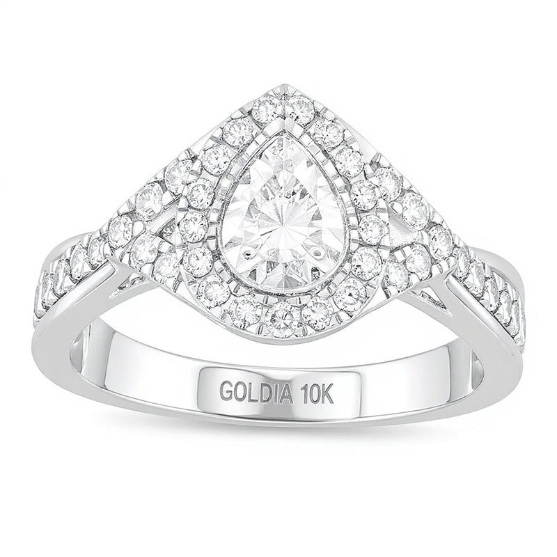 1.0 CT. TW Diamond Double Teardrop Frame Twist Shank Engagement Ring in 10K White Gold