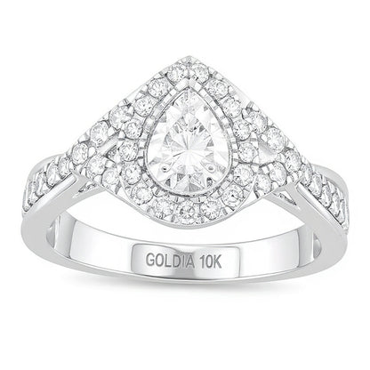 1.0 CT. TW Diamond Double Teardrop Frame Twist Shank Engagement Ring in 10K White Gold