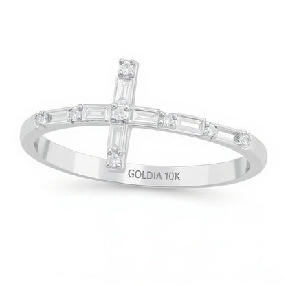 0.17 CT. TW Baguette and Round Diamond Sideways Cross Ring in 10K White Gold