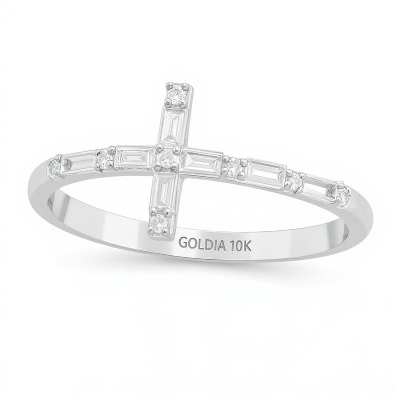 0.17 CT. TW Baguette and Round Diamond Sideways Cross Ring in 10K White Gold