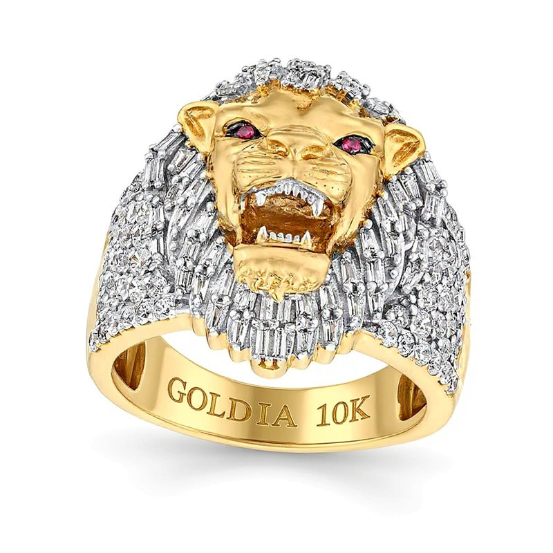 1.5 CT. TW Baguette and Round Diamond with Lab-Created Ruby Lion's Head Ring in 10K Gold