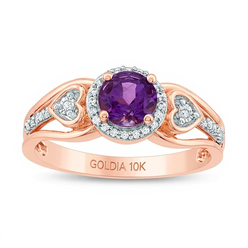 5.0mm Amethyst and 0.1 CT. TW Diamond Frame Heart Side Accent Split Shank Promise Ring in 10K Rose Gold