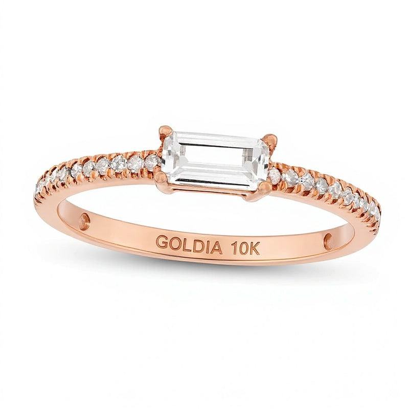 Sideways Baguette White Lab-Created Sapphire and 0.1 CT. TW Diamond PavÃ© Ring in 10K Rose Gold