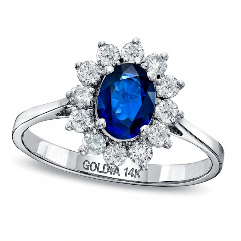 Oval Blue Sapphire and 0.5 CT. TW Diamond Frame Engagement Ring in 14K White Gold