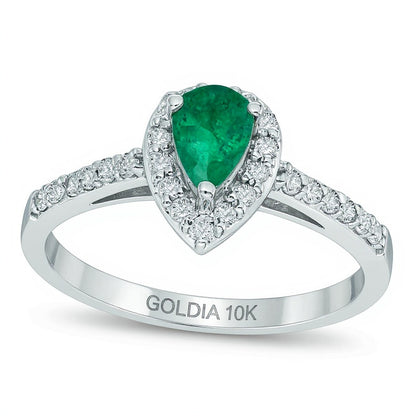 Pear-Shaped Emerald and 0.25 CT. TW Diamond Engagement Ring in 10K White Gold
