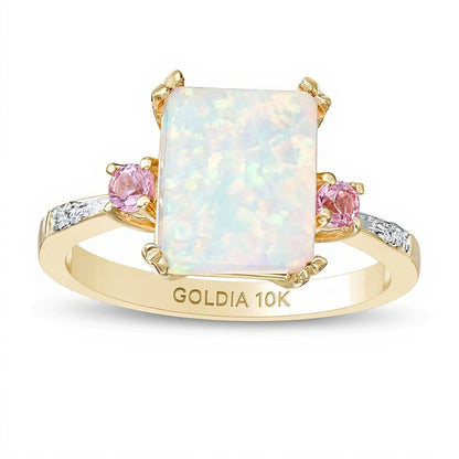 Emerald-Cut Lab-Created Opal and Pink Sapphire with Diamond Accent Three Stone Ring in 10K Gold