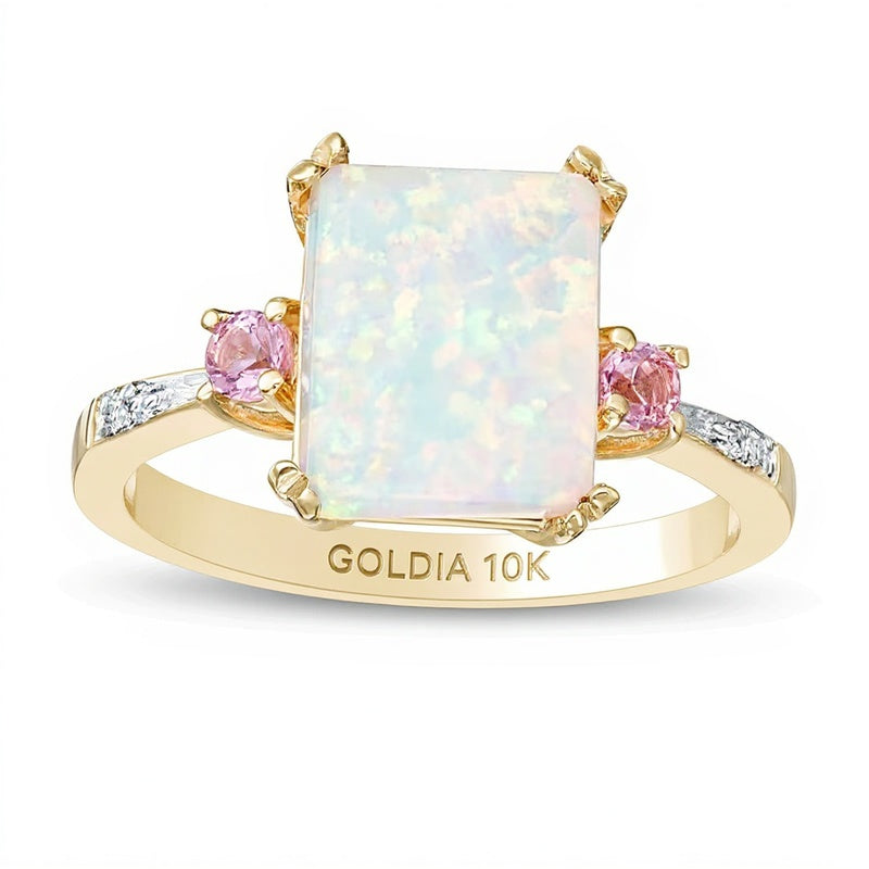 Emerald-Cut Lab-Created Opal and Pink Sapphire with Diamond Accent Three Stone Ring in 10K Gold