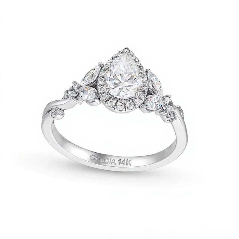 1.0 CT. TW Pear-Shaped Diamond Frame Leaf-Sides Engagement Ring in 14K White Gold