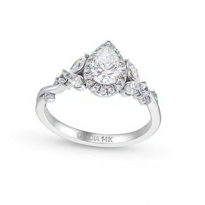 1.0 CT. TW Pear-Shaped Diamond Frame Leaf-Sides Engagement Ring in 14K White Gold