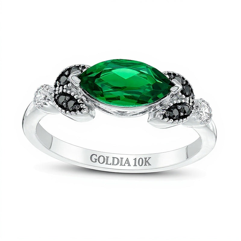 Sideways Marquise Lab-Created Emerald and 0.1 CT. TW Enhanced Black and White Diamond Leaves Ring in 10K White Gold