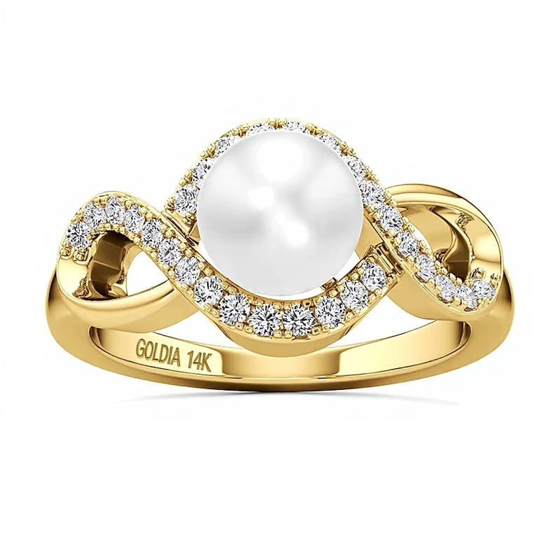 7.0mm Freshwater Cultured Pearl and 0.25 CT. TW Lab-Grown Diamond Swirl Frame Ring in 14K Gold
