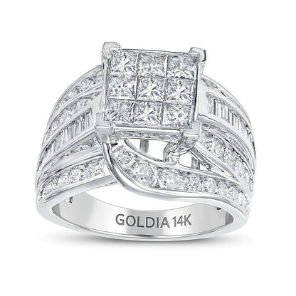 3.0 CT. TW Princess-Cut Multi-Diamond Multi-Row Bypass Split Shank Engagement Ring in 14K White Gold