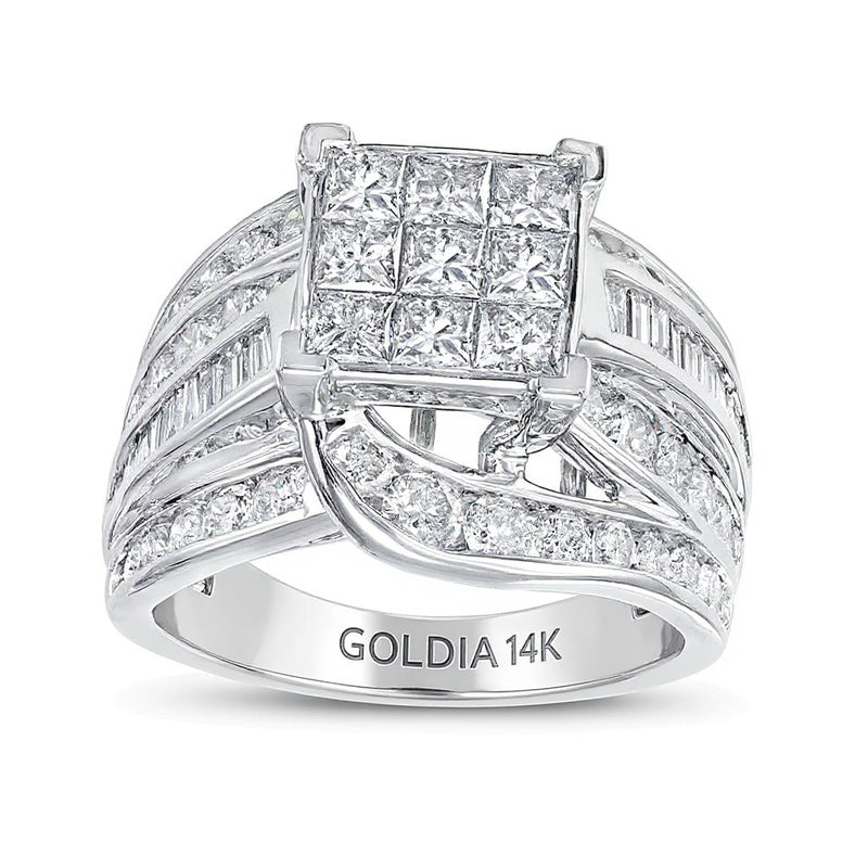 3.0 CT. TW Princess-Cut Multi-Diamond Multi-Row Bypass Split Shank Engagement Ring in 14K White Gold