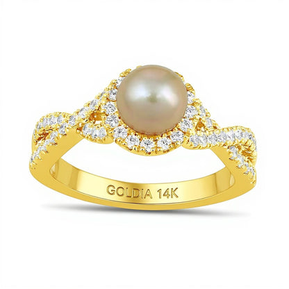 6.0mm Pink Freshwater Cultured Pearl and 0.5 CT. TW Lab-Grown Diamond Frame Crossover Shank Ring in 14K Gold