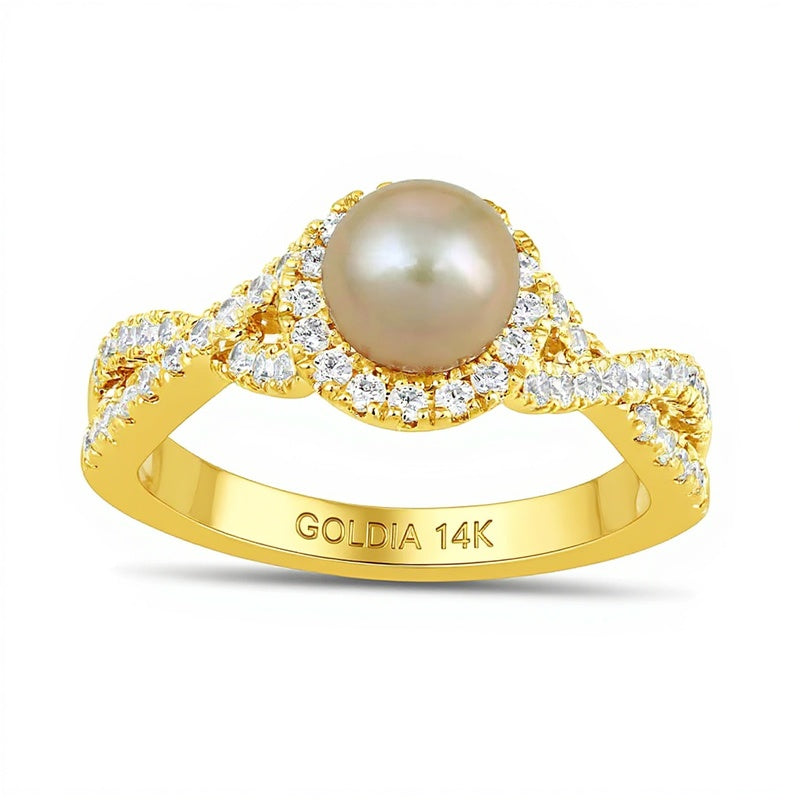 6.0mm Pink Freshwater Cultured Pearl and 0.5 CT. TW Lab-Grown Diamond Frame Crossover Shank Ring in 14K Gold