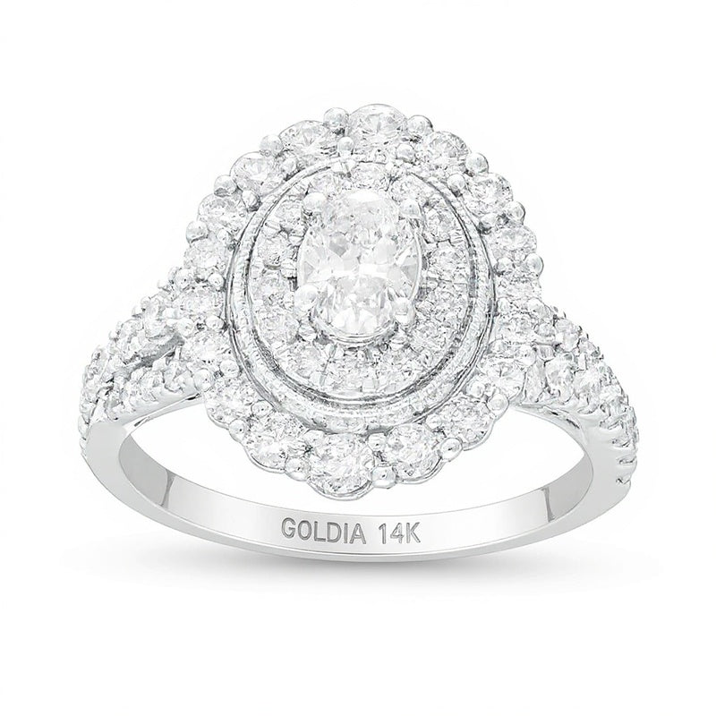 1.5 CT. TW Oval Diamond Double Frame Vintage-Style Engagement Ring in 14K White Gold