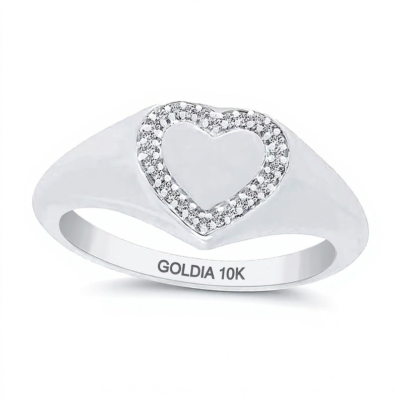 Diamond Accent Heart-Shaped Signet Ring in 10K White Gold