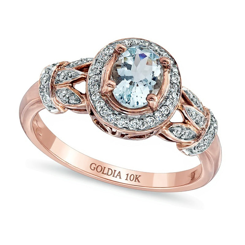 Oval Aquamarine and 0.17 CT. TW Diamond Frame Vine Ring in 10K Rose Gold
